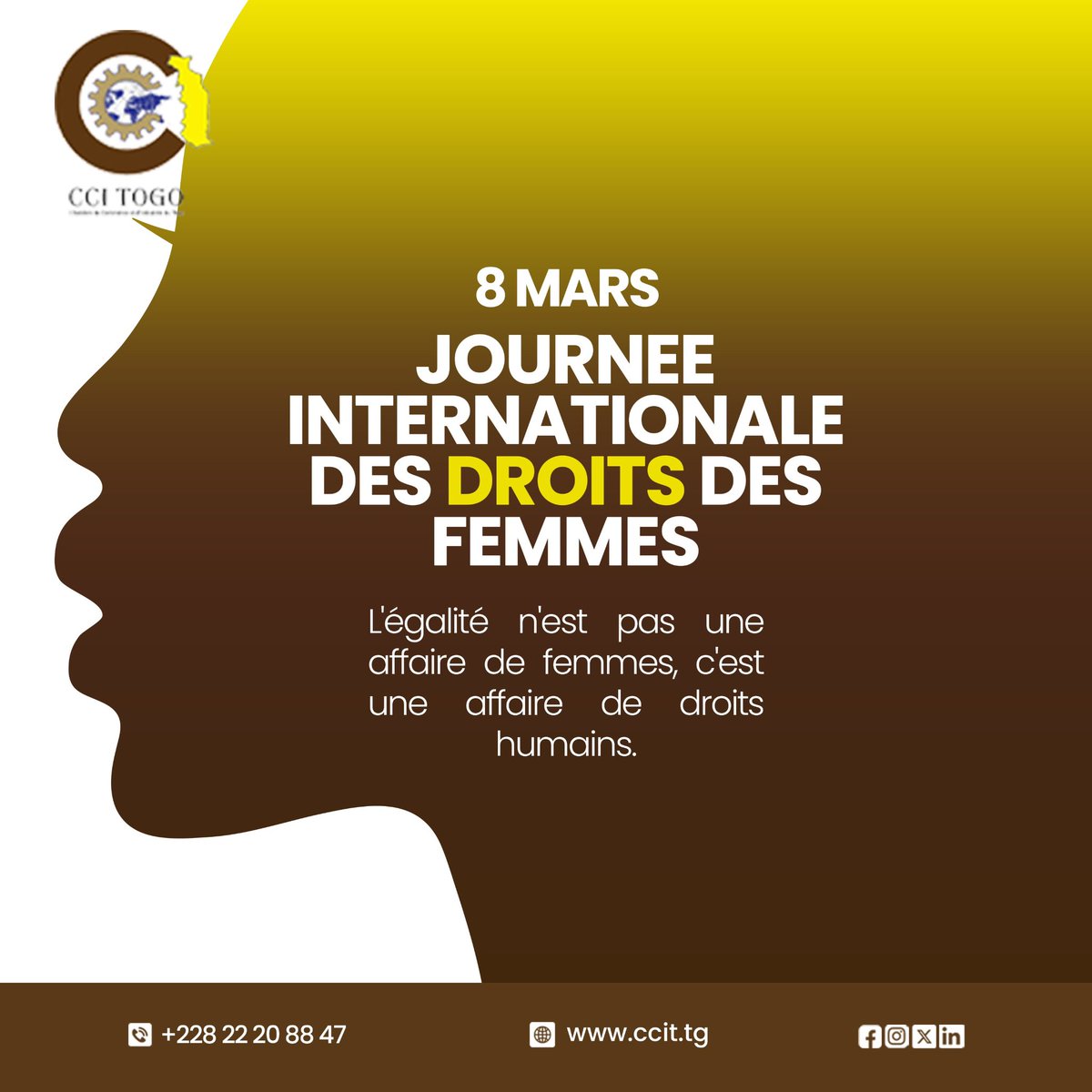 officielccitogo's tweet photo. Bonne Journée Internationale des Droits des Femmes à toutes celles qui entreprennent, innovent et inspirent chaque jour. 💛
#8Mars #JournéeDesDroitsDesFemmes #CCITogo #FemmesEntrepreneures #LeadershipFéminin #WomenEmpowerment #Togo https://t.co/HYX1ZN1BXR
