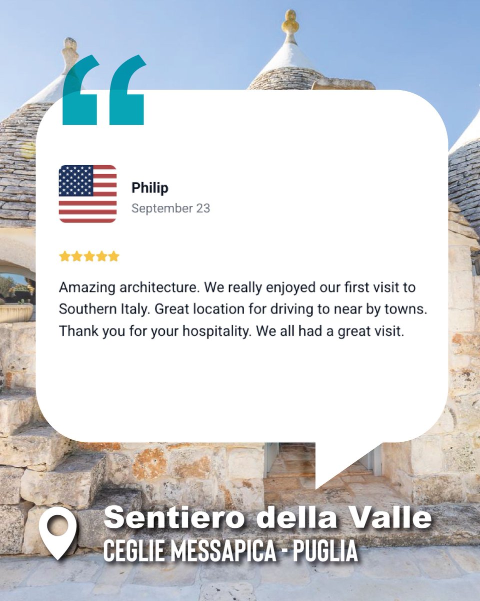 There's a difference between renting a house and feeling at home. At Sentiero della Valle, that difference is called "care."
Guests call it "Paradise"...a Trulli retreat in Ceglie Messapica where privacy is complete. 
Guests loved the in-villa chef.
Visit buenaonda-holidays.com
