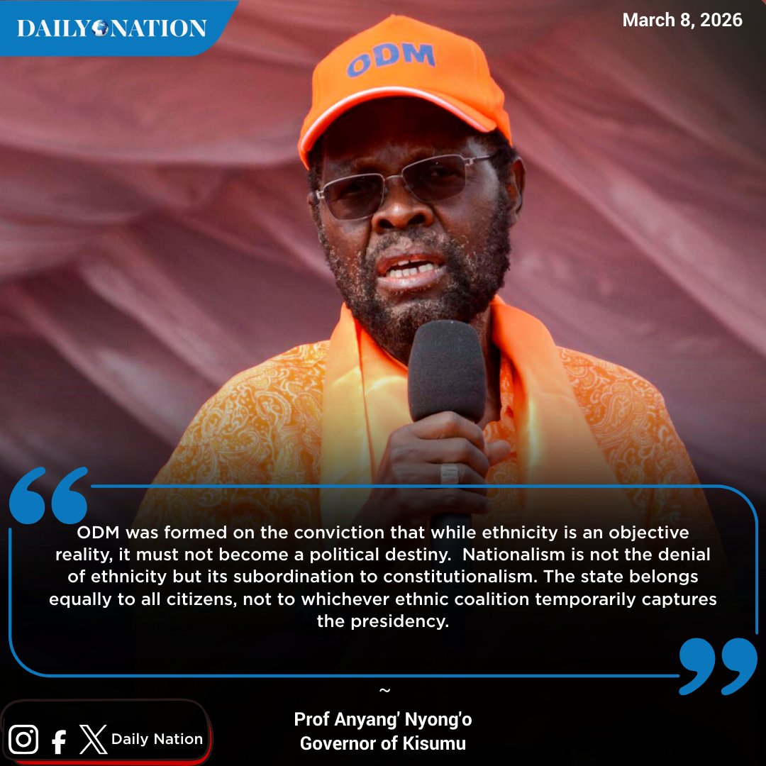 NationAfrica's tweet photo. Prof Anyang' Nyong'o: ODM was formed on the conviction that while ethnicity is an objective reality, it must not become a political destiny.  Nationalism is not the denial of ethnicity but its subordination to constitutionalism. The state belongs equally to all citizens, not to whichever ethnic coalition temporarily captures the presidency. 

Read the full story:  https://t.co/YSO8DHxwqZ