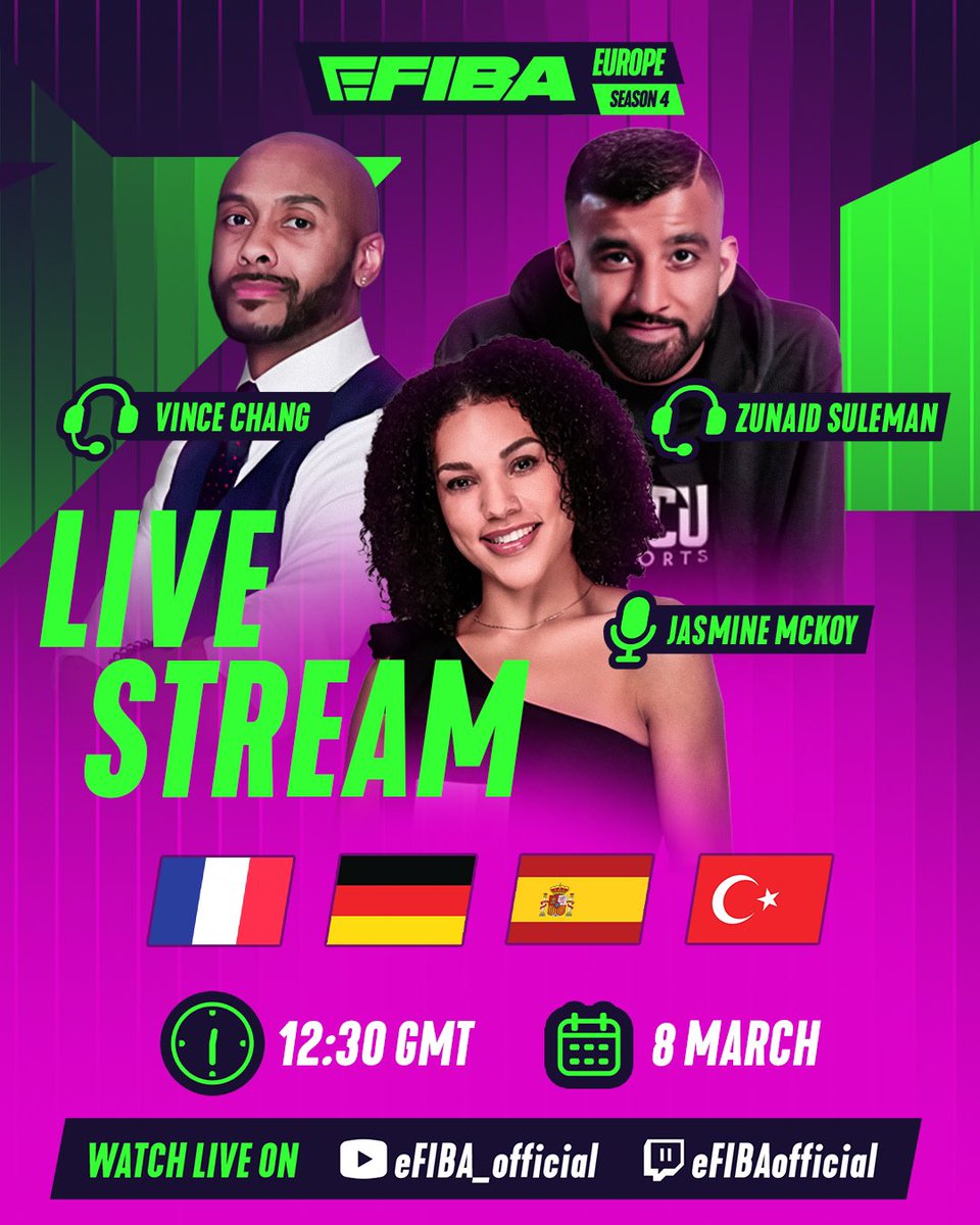 eFIBA_official's tweet photo. The champion and the World Finals participants will be decided today at the eFIBA Season 4 Europe Finals! 🔥 

In the first game of the day, France and Spain will face off. After that, the Germany vs Türkiye matchup will determine the other finalist.

The action will be called by Vince Chang and Zunaid Suleman, with Jasmine McKoy bringing you the interviews.

Catch the live broadcast starting at 12:30 GMT on our Twitch and YouTube channels.