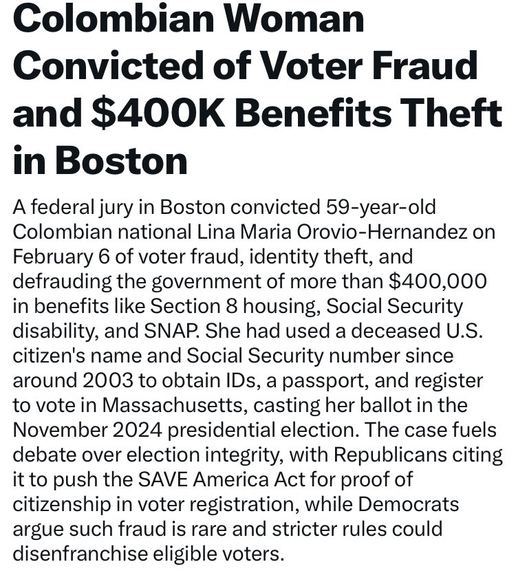 CreasonJana's tweet photo. I bet this pisses off Boston’s Mayor Michelle Wu!

“A federal jury just convicted an illegal immigrant for fraudulent voting tied to the 2024 election — and racking up ~$400,000 in taxpayer-funded benefits. This is exactly what they said “never happens.”

Another example of proven voter fraud that the mainstream media or Leftist-Liberal Democrats refuse to recognize, even when it is reported on by the media. Make that make sense!