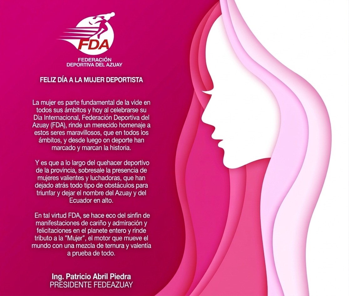 📌 La mujer es parte fundamental de la vida en todos sus ámbitos y al celebrarse su Día Internacional, <a href="/FEDEAZUAY/">Fedeazuay</a> rinde homenaje a estos seres maravillosos, que en todos los ámbitos, y desde luego en el deporte han marcado y marcan la historia.
 
🌷 <a href="/FEDEAZUAY/">Fedeazuay</a> CREE EN TI..!