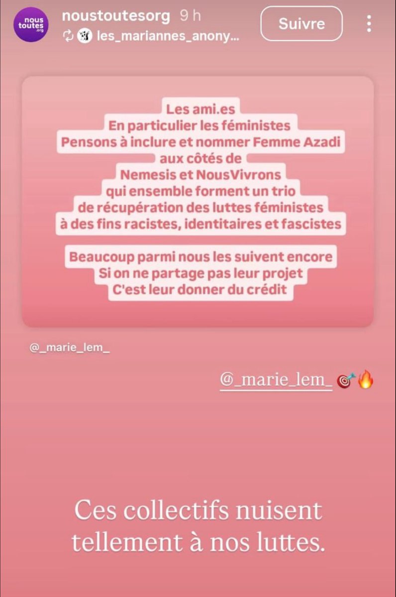 Nous voulions rappeler que pour cette journée des droits des femmes, l’association Nous Toutes, financée par vos impôts, s’est alliée à plusieurs autres associations féministes d’extrême gauche ainsi qu’à des associations islamistes pro Hamas et a appelé à nous chasser de la