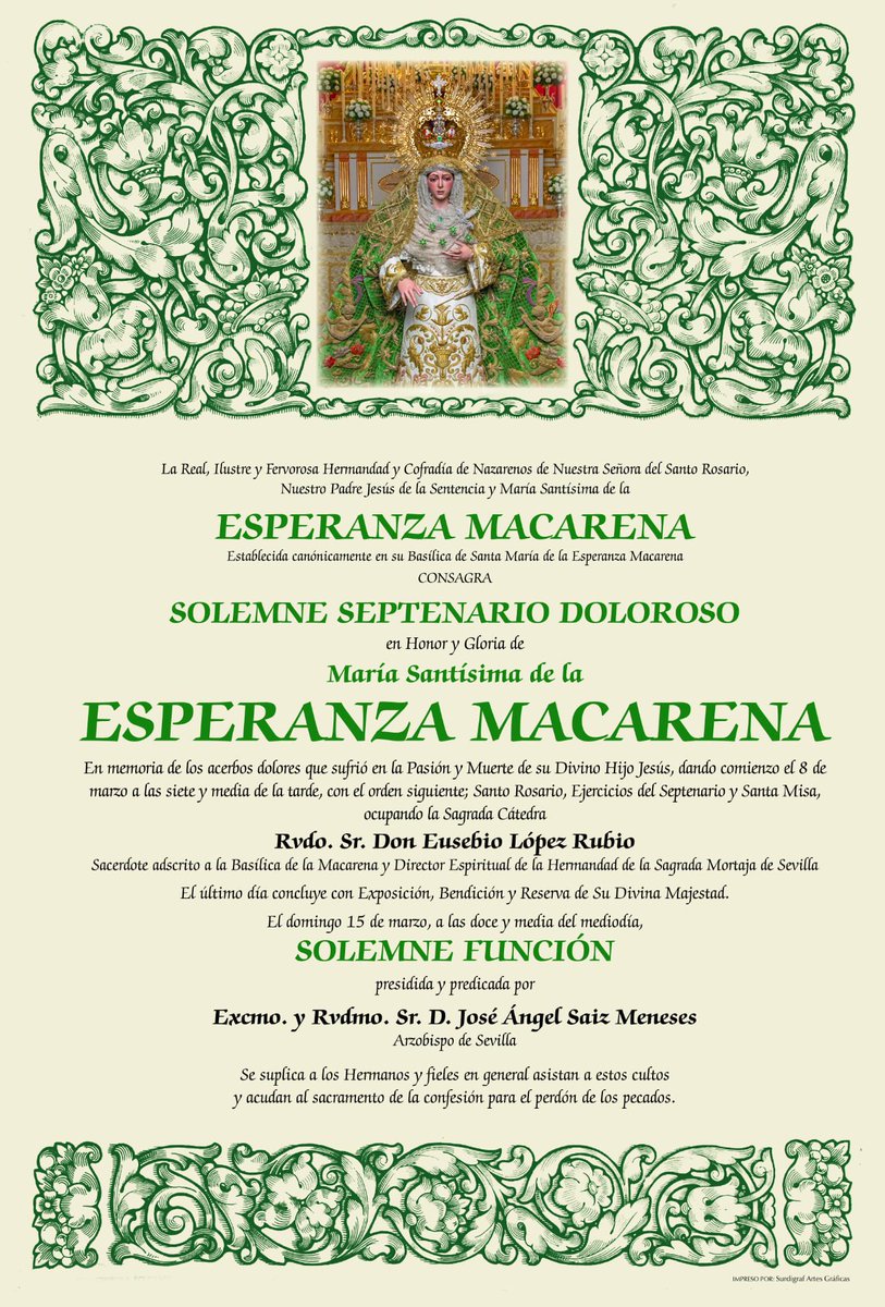 🟣 CULTOS | Recordamos a los hermanos, fieles y devotos que el Solemne Septenario Doloroso en honor a María Santísima de la Esperanza Macarena dará comienzo hoy, 8 de marzo, en la Basílica de Santa María de la Esperanza Macarena, desarrollándose durante siete días consecutivos.