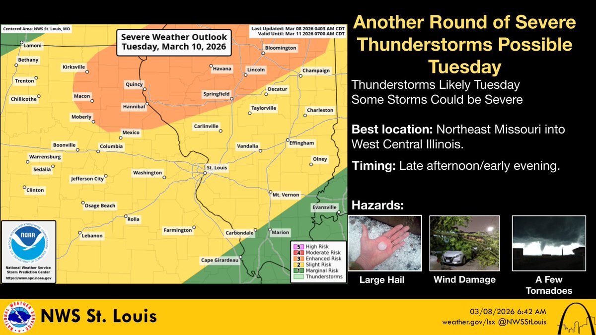 Another round of severe thunderstorms is possible on Tuesday, mainly in the late afternoon and early evening.  Large hail, damaging winds, and a few tornadoes are all possible. #stlwx #mowx #midmowx #ilwx
