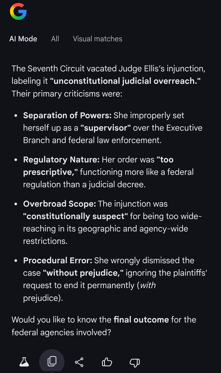 Google Gemini AI summary of the Seventh Circuit vacating Judge Ellis's injunction