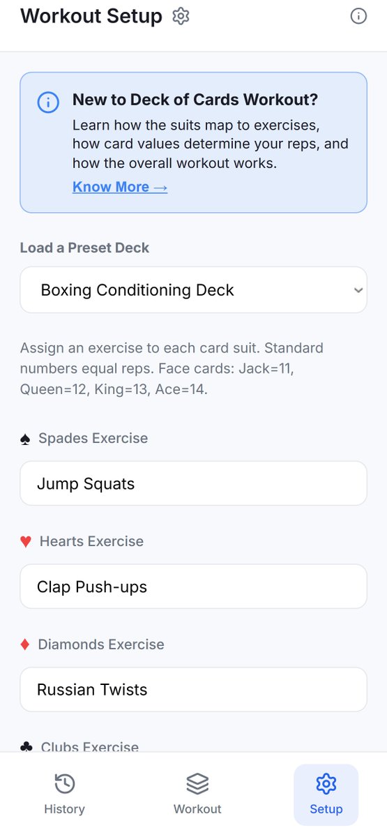 nirmlrj's tweet photo. Quick update on the Deck-of-Cards workout MVP.

New features:

• Cloud sync:  your workouts are saved and synced
• Workout history:  track what you actually completed
• Early finish option:  you can stop a workout midway and still save the progress if you're a beginner

The goal is still the same: remove decision fatigue from workouts.
Just shuffle → draw → do the reps.

Everything else stays minimal.
If anyone wants to try it:
 https://t.co/H0brT1kW4M

Still curious:

• Do you prefer finishing the full 54 cards, or stopping when fatigue hits?

• What exercises work best for card-based workouts?