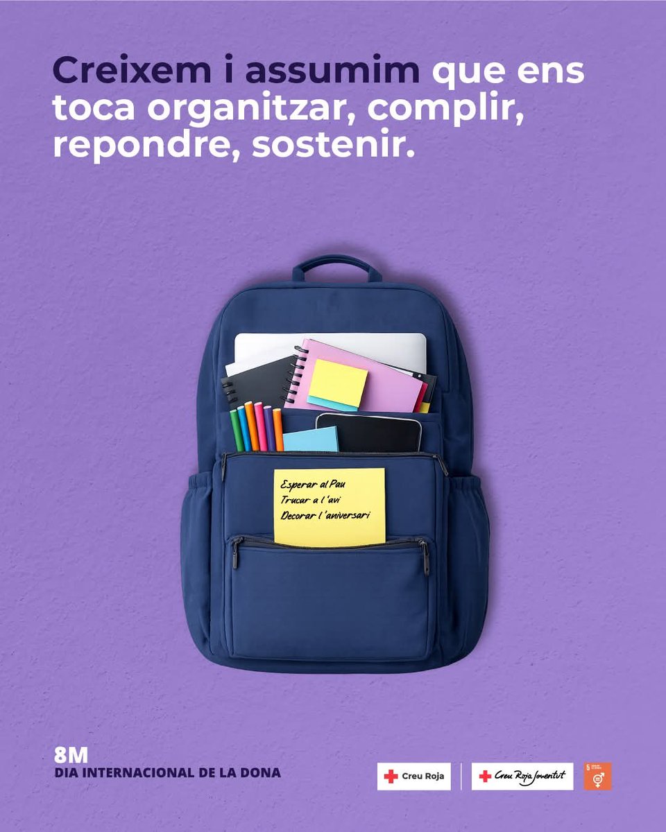 CreuRojaSFG's tweet photo. Primer la motxilla, després la bossa i més tard tota la resta. Des de petites aprenem a carregar-ho tot i no és casualitat, és educació, és l'estructura que sosté la nostra societat. 
Que ho fem, no vol dir que ho hàgim de fer.
#8M #cargamental #DiaInternacionaldeldona https://t.co/T7FEaSs4jG