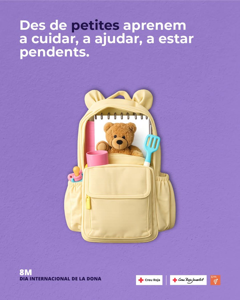 CreuRojaSFG's tweet photo. Primer la motxilla, després la bossa i més tard tota la resta. Des de petites aprenem a carregar-ho tot i no és casualitat, és educació, és l'estructura que sosté la nostra societat. 
Que ho fem, no vol dir que ho hàgim de fer.
#8M #cargamental #DiaInternacionaldeldona https://t.co/T7FEaSs4jG