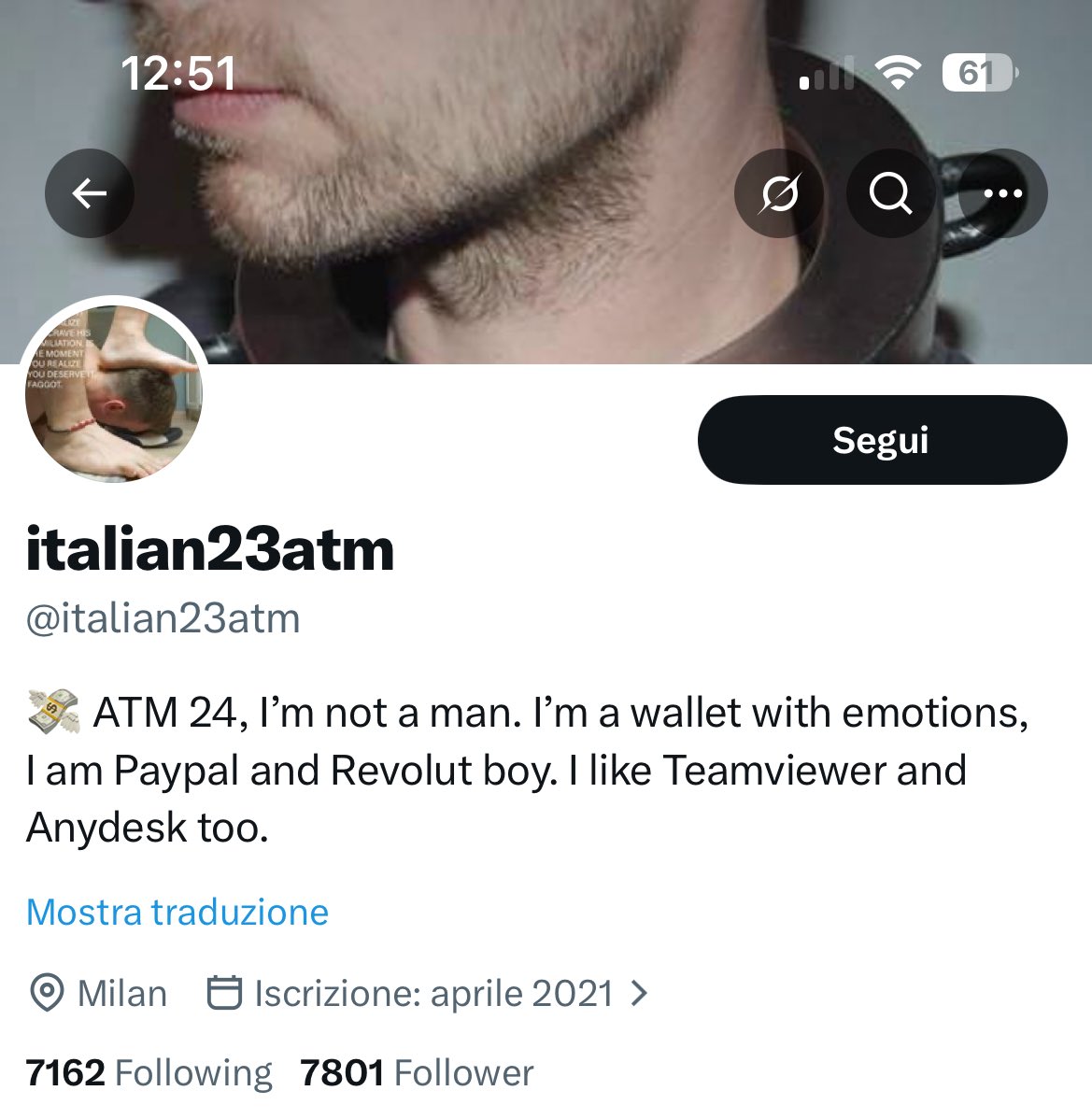 Juventino è il suo profilo da schiavo ahah 

E la stessa persona e quanto è schiavo e coglione sto juventino 😂

#Findom