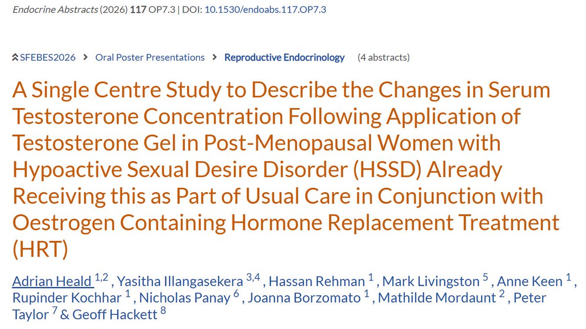doctorneyro's tweet image. Marked variability observed in #testosterone pharmacokinetics amng #women applying #Testogel every 4 days

All reported #clinicalbenefit and no #adverseeffects. Development #T formulation for women would provide a #evidencebased #therapy for manage #HSDD.

endocrine-abstracts.org/ea/0117/ea0117…