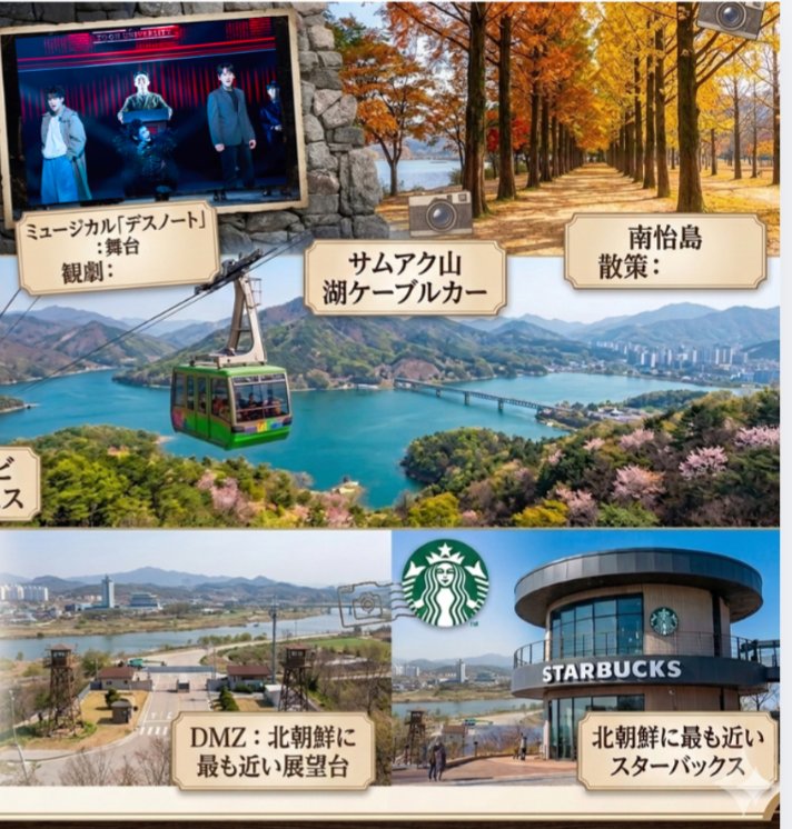 tashirochikayo's tweet photo. ぜひご一緒に♬韓国の魅力を凝縮した特別な3日間！話題の「デスノート」ミュージカル鑑賞や、春川・南怡島、絶景のサムアク山、DMZにある「北朝鮮に最も近いスタバ」を巡る濃密ツアー。本場のタッカルビなど韓国グルメも満載🇰🇷
​◆4/24(金)〜4/26(日)
詳細・申込はこちら👇
https://t.co/7HS9h8jZmP https://t.co/0ThSe2h31i