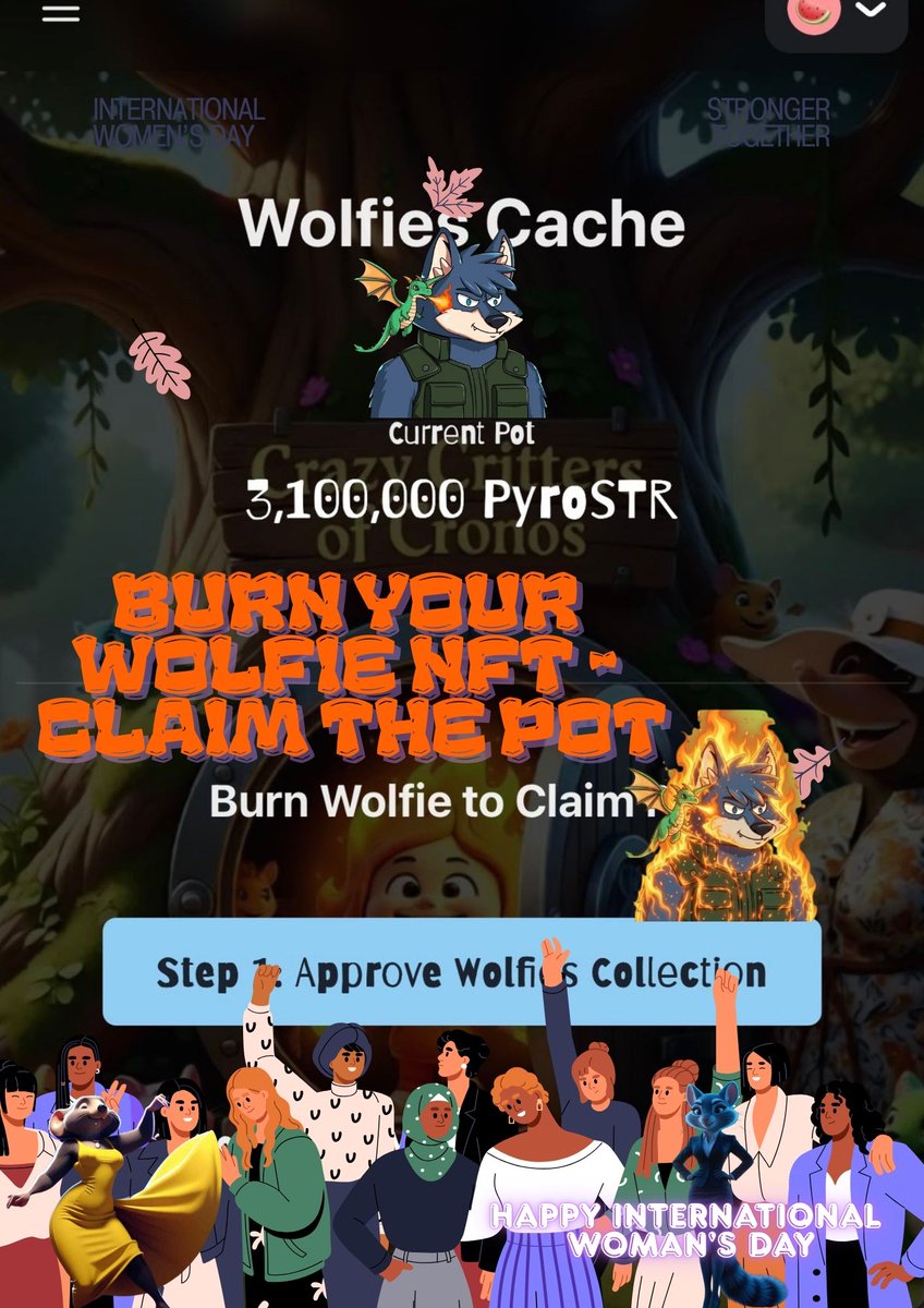 BurnItJuliemom's tweet photo. Gm โ๏ธ #sundaymorning Shout out to all the ladies on #InternationalWomensDay2026
Crazy Critters have just done something crazy again ๐ณ Now added the 'Wolfies Cache'. Now an option to burn your Wolfie NFT ๐ฅ for $PYROSTR ๐ฅ
#WolfiesCache #CrazyCritters #PyroSTR https://t.co/7jrG0jV3TF