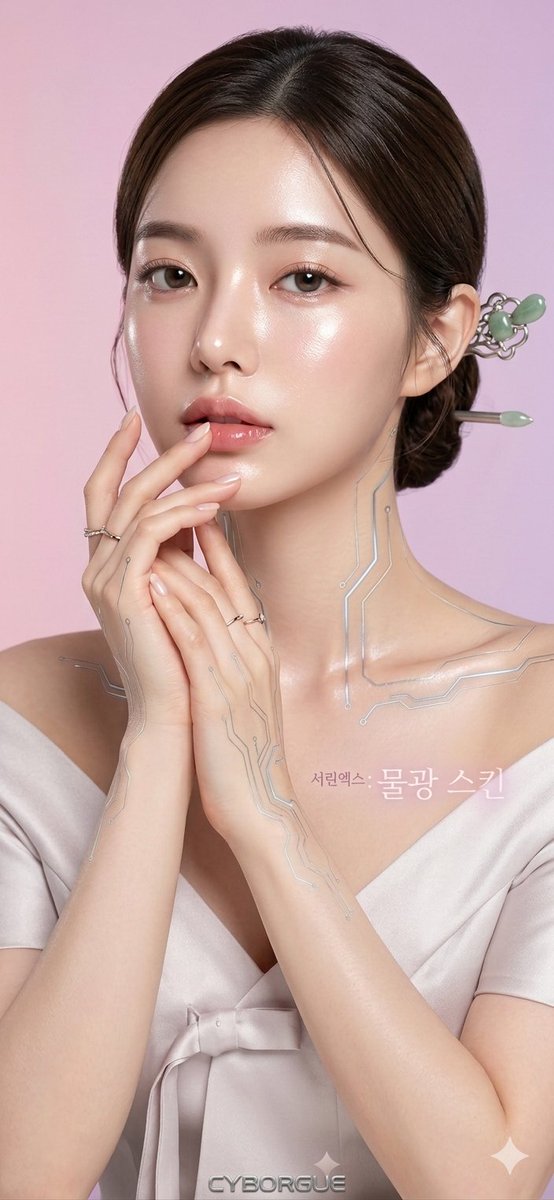 seong_ileu6800's tweet image. 미래 인간의 표준, SERIN-X. 이 투명한 물광 피부에 기술이 더해져 완성된 'Bio-AI Beauty'. 인간 중심의 사이보그 미학, CYBORGUE의 정점입니다. #CYBORGUE #SERINX #DewySkin #Kbeauty #FutureBeauty #물광피부 #사이버펑크