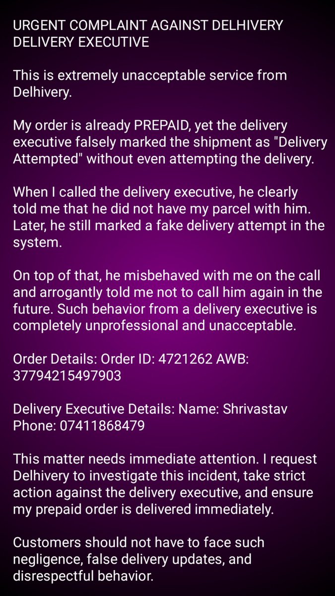 voiceofnishant's tweet image. Absolutely unacceptable service! 😡

My prepaid order has been falsely marked as Delivery Attempted by the delivery executive without any real attempt

@delhivery @help_delhivery @krishnaayurved

#Delhivery #CourierComplaint #CustomerRights #PoorService #LogisticsFail #ScamAlert