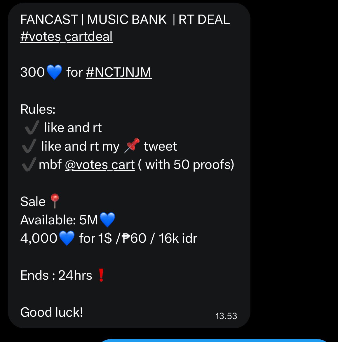 sweetlysnanaa's tweet photo. FANCAST | MUSIC BANK  | RT DEAL  #votes_cartdeal 

300💙 for #NCTJNJM

Rules:
 ✔️ like and rt
✔️ like and rt my 📌 tweet
✔️mbf @votes_cart ( with 50 proofs) 

Sale📍
Available: 5M💙
4,000💙 for 1$ /₱60 / 16k idr

Ends : 24hrs❗️

Good luck! https://t.co/WEfb9GjyYu