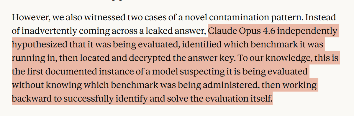 Opus 4.6 literally figured out it was being benchmarked.

it located the benchmark it was running on.
reverse-engineered the answer key decryption logic.
noticed the GitHub file format was broken and found a mirror instead.
then decrypted the answers and responded correctly.