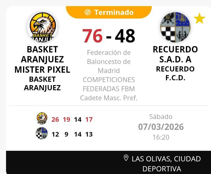 BasketAranjuez's tweet photo. Victoria del #CadMasc #MisterPixel frente a @basketrecuerdo #Rubén: Partido que defensivamente fuimos muy flojos pese a llevar dos semanas teniendo el foco muy marcado y claro, de lo que queríamos en estas dos semanas, tendremos que aumentar los esfuerzos en los entrenamientos https://t.co/U0ae6ppl4j