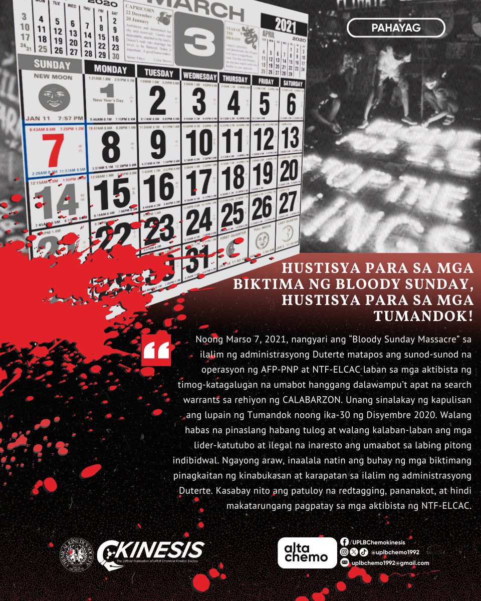 Kasama ang UPLB Chemical Kinetics Society sa pakikiisa sa mga pamilya ng mga biktima at patuloy na pagtawag ng hustisya sa Bloody Sunday Massacre.

Basahin ang buong pahayag: tinyurl.com/bloodysundayma…