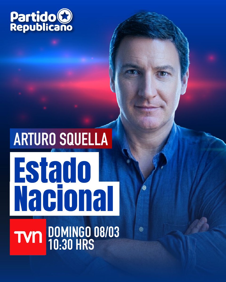 A las 10:30 AM acompaña a nuestro Presidente y Senador electo por Valparaíso <a href="/arturo_squella/">Arturo Squella 🇨🇱</a> en #EstadoNacional de <a href="/TVN/">TVN</a> donde conversará sobre la contingencia política y nacional a pocos días de que comience el gobierno del Presidente Electo <a href="/joseantoniokast/">José Antonio Kast Rist 🖐️🇨🇱</a>
📺 Sintoniza TVN,