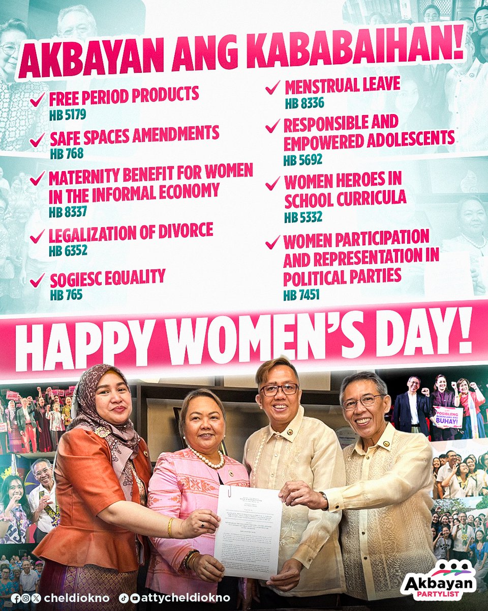 Happy International Women’s Day!

Hangad natin ang bansang may pantay na oportunidad, ligtas na espasyo, at malakas na boses ang lahat ng kababaihan.

Narito ang ilan sa panukalang isinusulong ng Akbayan sa 20th Congress para sa kapakanan ng bawat Pilipina—sa trabaho, sa