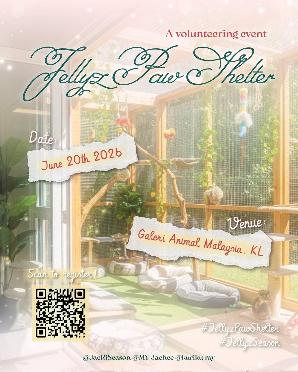 𑣲𝓙𝓮𝓵𝓵𝔂𝔃-𝓟𝓪𝔀 𝓢𝓱𝓮𝓵𝓽𝓮𝓻 𝓥𝓸𝓵𝓾𝓷𝓽𝓮𝓮𝓻𝓲𝓷𝓰 𝓔𝓿𝓮𝓷𝓽

Paws everything! 
We’re looking for fur-tastic WISHzens to join us~

Sign up now, let’s make a paw-sitive difference! 

🔗 tinyurl.com/4hf24t76

Limited spots, 30 pax only❗️

#JellyzSeason #JAEHEE #RIKU