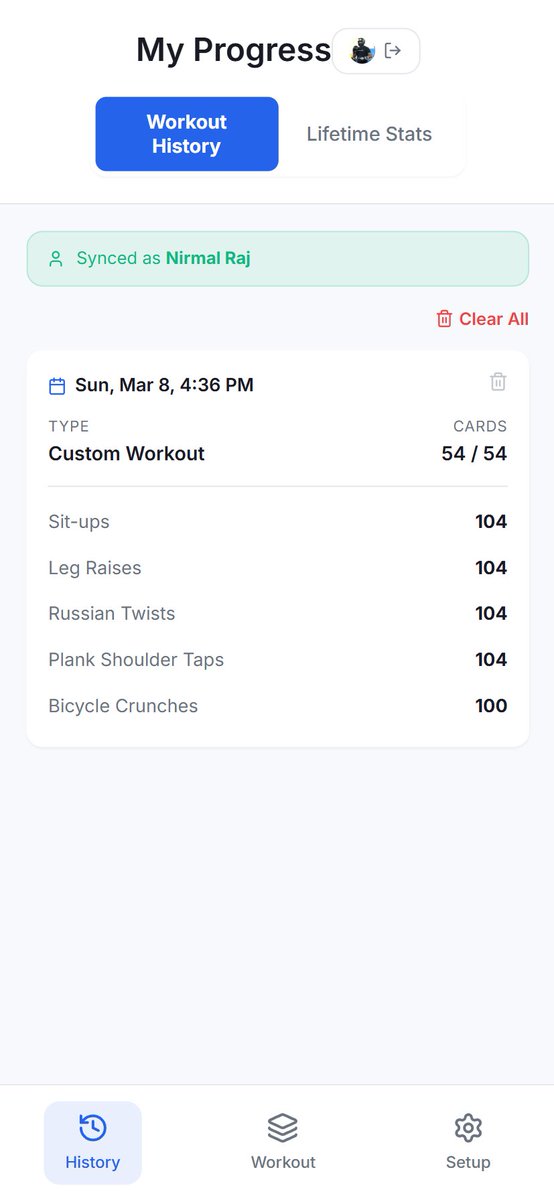 nirmlrj's tweet photo. I built a small web app MVP based on the classic Deck-of-Cards workout concept in react

The problem I was trying to solve:

Many people skip workouts not because they’re tired, but because planning the workout itself becomes tiring (choosing exercises, sets, reps, routines).

So the app removes that decision layer. How it works:• Assign exercises to card suits
• Shuffle a virtual deck
• Draw a card → the number becomes the reps
• Continue until the deck finishes

Example:
7♥ → 7 squats
K♠ → 13 pushups

I’m mainly interested in feedback from web devs on:
Whether the UX feels intuitive for a “draw → do → continue” flow

Let me know If there are obvious friction points in the interaction design.

 https://t.co/H0brT1kW4M

Would appreciate any technical or UX feedback.