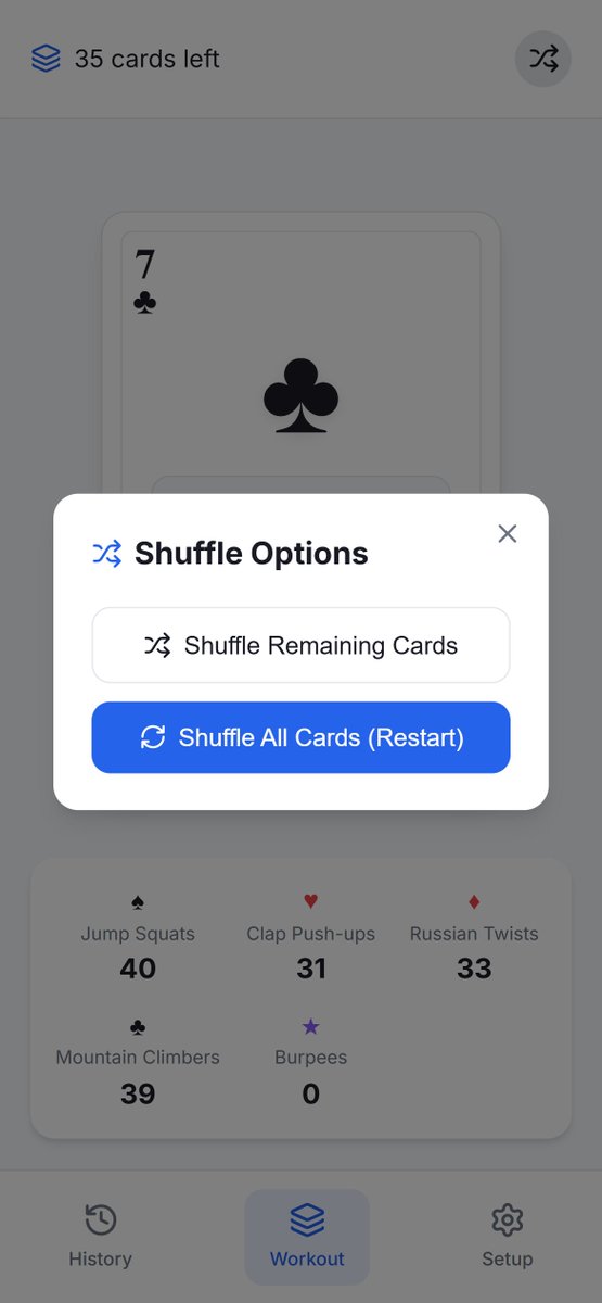 nirmlrj's tweet photo. I built a small web app MVP based on the classic Deck-of-Cards workout concept in react

The problem I was trying to solve:

Many people skip workouts not because they’re tired, but because planning the workout itself becomes tiring (choosing exercises, sets, reps, routines).

So the app removes that decision layer. How it works:• Assign exercises to card suits
• Shuffle a virtual deck
• Draw a card → the number becomes the reps
• Continue until the deck finishes

Example:
7♥ → 7 squats
K♠ → 13 pushups

I’m mainly interested in feedback from web devs on:
Whether the UX feels intuitive for a “draw → do → continue” flow

Let me know If there are obvious friction points in the interaction design.

 https://t.co/H0brT1kW4M

Would appreciate any technical or UX feedback.