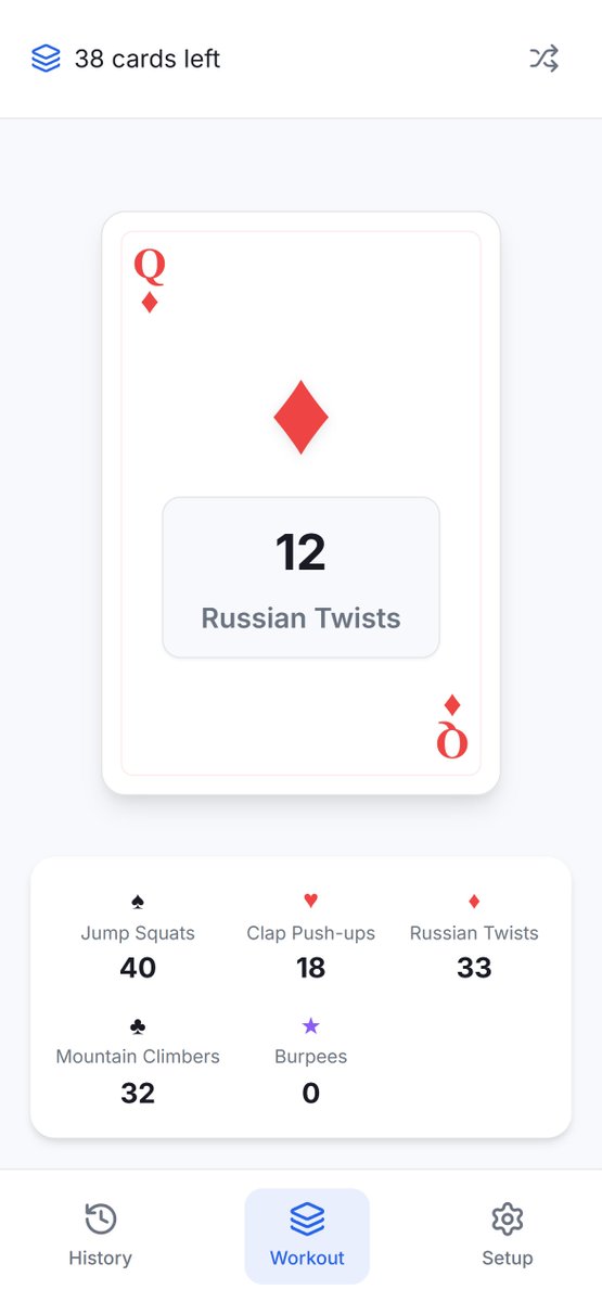 nirmlrj's tweet photo. I built a small web app MVP based on the classic Deck-of-Cards workout concept in react

The problem I was trying to solve:

Many people skip workouts not because they’re tired, but because planning the workout itself becomes tiring (choosing exercises, sets, reps, routines).

So the app removes that decision layer. How it works:• Assign exercises to card suits
• Shuffle a virtual deck
• Draw a card → the number becomes the reps
• Continue until the deck finishes

Example:
7♥ → 7 squats
K♠ → 13 pushups

I’m mainly interested in feedback from web devs on:
Whether the UX feels intuitive for a “draw → do → continue” flow

Let me know If there are obvious friction points in the interaction design.

 https://t.co/H0brT1kW4M

Would appreciate any technical or UX feedback.