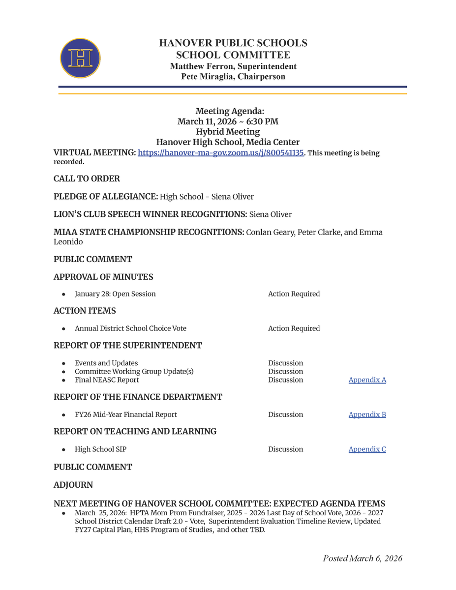 hpsma's tweet photo. The School Committee agenda for the March 6, 2026, hybrid meeting at 6:30 pm is now available. Go to https://t.co/RCu5d4m8nZ to view all public meeting documents and participation instructions. https://t.co/hZ4w9tLaCx