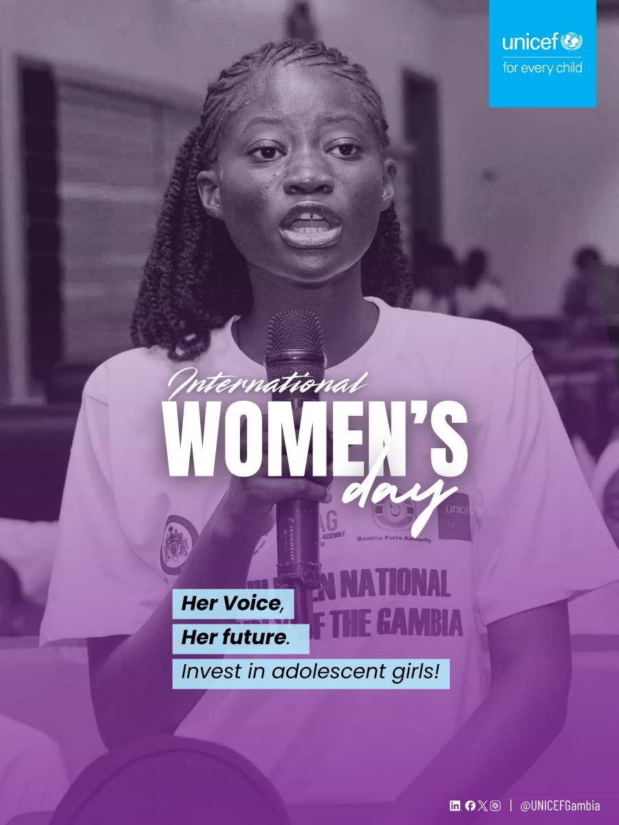 UNICEFGambia's tweet photo. Happy International Women's Day! 💜

The resilient women who will lead The #Gambia tomorrow are the adolescent girls of today. Investing in their rights, education and well-being is the most powerful step we can take toward a brighter, more equal future.

Support her voice. Secure her future.
#IWD2026 
#InvestInAdolescentGirls