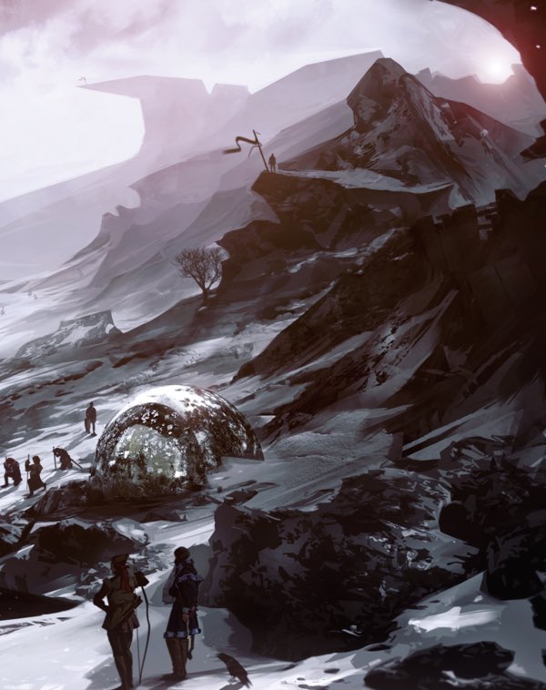 SeanMac67914982's tweet photo. Oathbreakers 
by Gianna Michele Kaye

Stone of Erech or the Black Stone was a great black stone shaped like a globe, which was as high as a man, although its lower half was buried in the ground at the top of the Hill of Erech.

According to the lore of Númenor it had been brought out of the ruin of Númenor and had been set at the Hill of Erech by Isildur at his landing as a symbol of his overlordship and a place of meeting for the establishment of a covenant between the Men of the Mountains and the realm of Gondor.

Near the end of the Second Age, in the beginning of the realm of Gondor the King of the Mountains swore allegiance to Isildur at the stone. After Sauron had returned and become powerful Isildur summoned the Men of the Mountains to fulfill their oath to fight with Gondor in the upcoming war with Sauron. 

However, they refused, because they had worshipped Sauron during the Dark Years. As a consequence, Isildur cursed the King of the Mountains and his people to find no rest until their oath was fulfilled and said to the king that he would be the last king of his people. 

The Men of the Mountains fled and hid in secret locations in the mountains, did not have contact with other people and slowly dwindled. After their death their spirits found no rest and spread terror near the Hill of Erech and all places where they had lived.