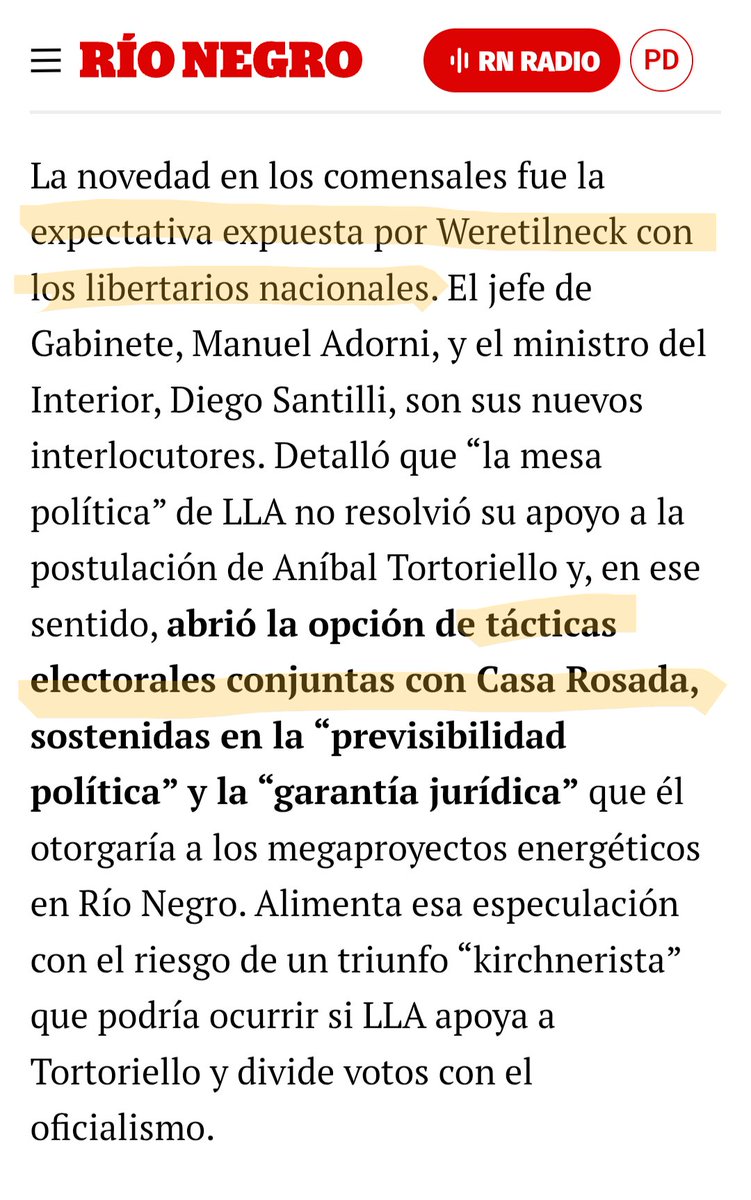 Hace +3 meses atrás hipoteticé en el blog de <a href="/MyEstrategia/">Mercados & Estrategia</a> que la boleta de Milei en 2027 en #RioNegro podría estar encabezada por el actual gobernador Weretilneck. Hace un mes atrás lo volví a repetir en los micrófonos de <a href="/maritimafm/">Maritima FM 102.5</a> con <a href="/jr_alcalde/">Julio Ramón Alcalde</a> 👇 y hoy el diario