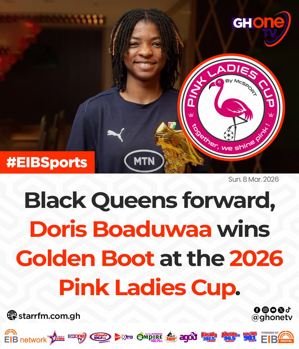 ghonetv's tweet photo. Black Queens forward, Doris Boaduwaa wins Golden Boot at the 2026 Pink Ladies Cup in UAE...

#EIBSports
#GHOneNews #EIBNetwork 
#GHOneTV #NewsAlert https://t.co/7Qw85RtlW3
