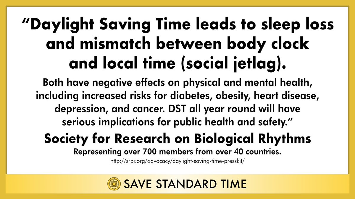 SaveStandard's tweet image. Most Americans want permanent Standard Time. Golf and retail lobbyists push to keep Daylight Saving Time. Medical professionals agree that DST is harmful to health!