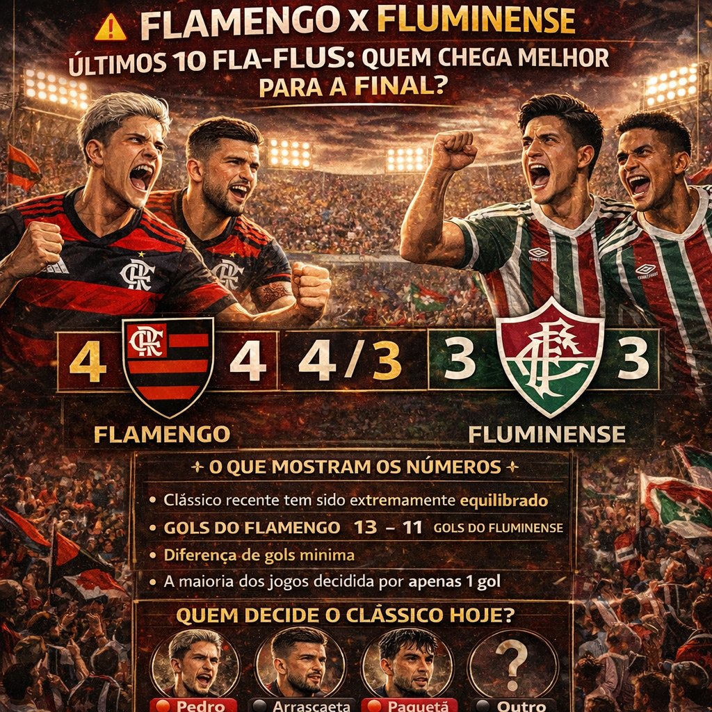 🚨 Últimos 10 Fla-Flus: quem chega melhor para a final?

• Flamengo: 4 vitórias
• Fluminense: 3 vitórias
• Empates: 3
• Gols do Flamengo: 13
• Gols do Fluminense: 11

📊 O que mostram os números

• Clássico recente tem sido extremamente equilibrado
• Diferença de gols
