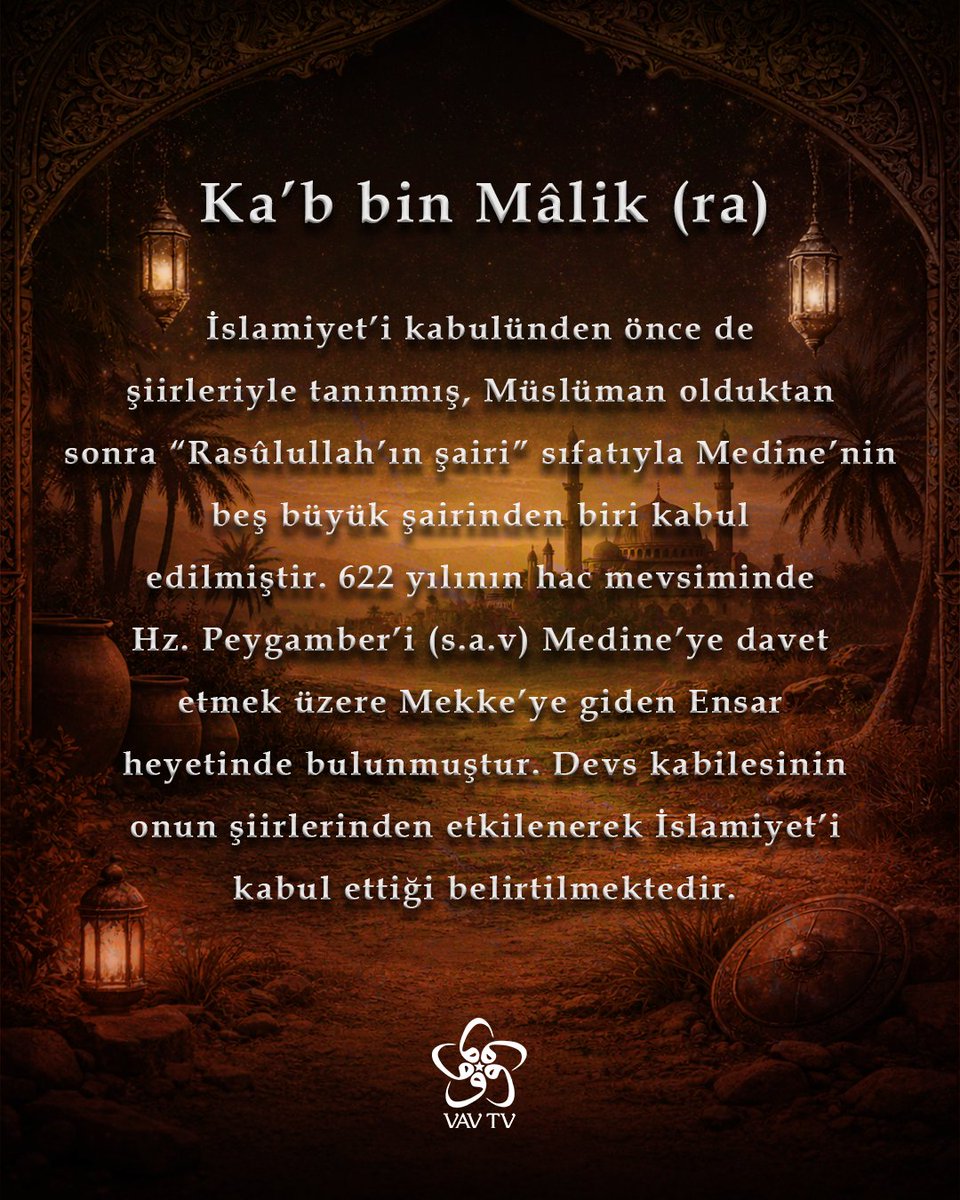 vavtvresmi's tweet photo. 🌙30 Gün 30 Sahabe | Ka’b bin Mâlik (ra)
İslamiyet’i kabulünden önce de şiirleriyle tanınmış, Müslüman olduktan sonra “Rasûlullah’ın şairi” sıfatıyla Medine’nin beş büyük şairinden biri kabul
edilmiştir
#sahabeler #vavtv https://t.co/R7zEc1oVT8