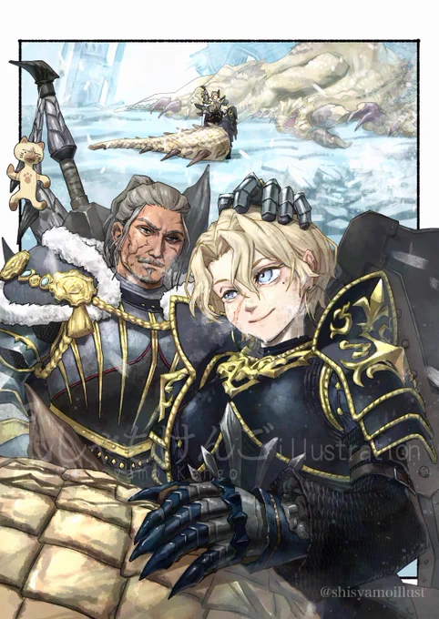 祖父と孫娘の絆(*'ω`*) #MonsterHunter Skebご依頼ありがとうございました! 依頼主様のモンハンのオリキャラを描かせていただきました。