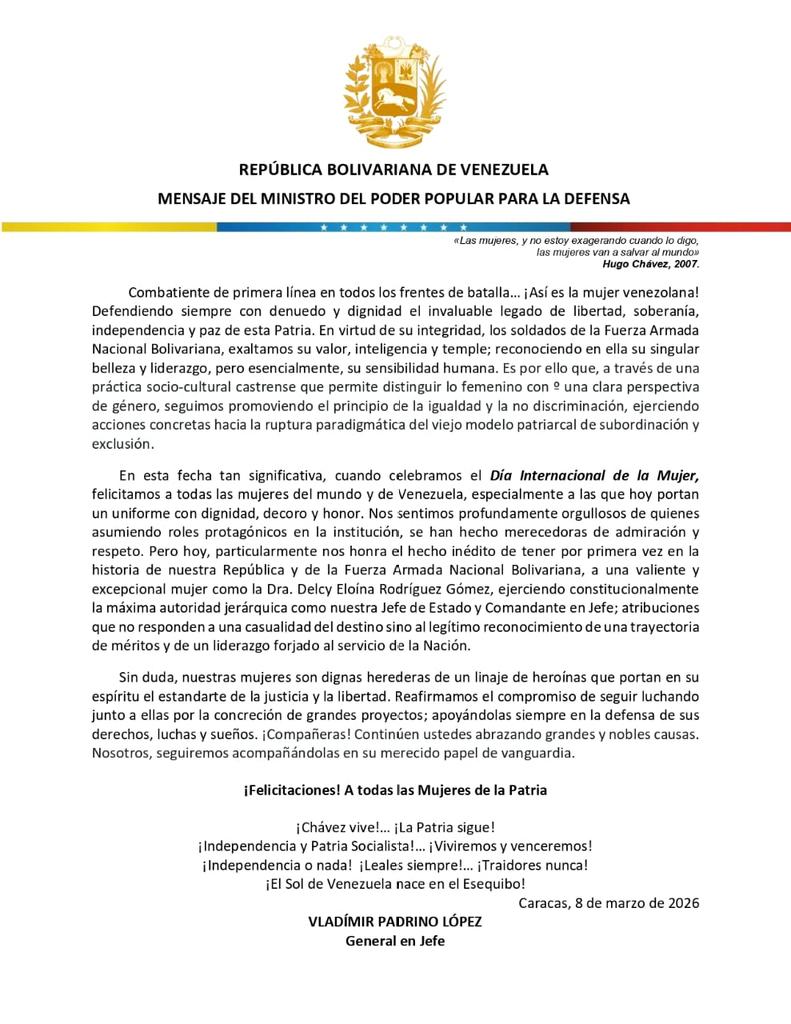 PrensaFANB's tweet photo. #Importante || Mensaje del ciudadano General en Jefe Vladímir Padrino López, en ocasión de celebrarse el Día Internacional de la Mujer. 🇻🇪 https://t.co/F4WCEOUaq7