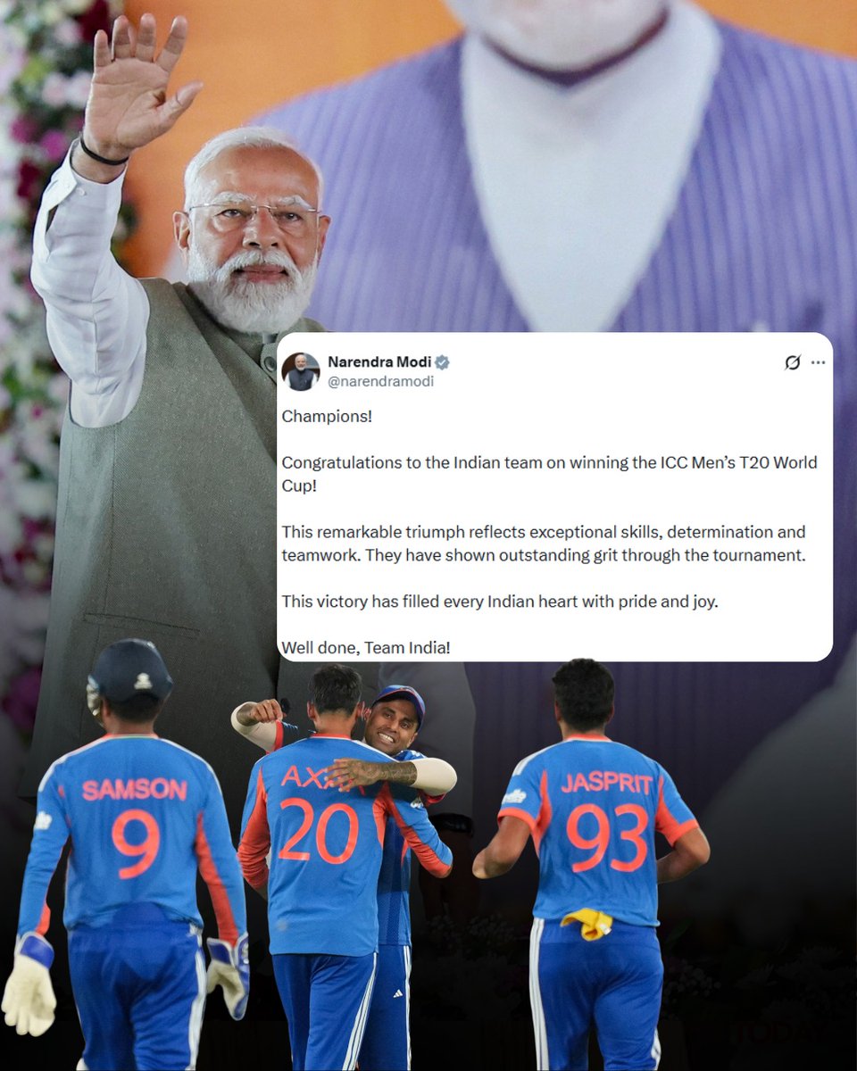 IndiaToday's tweet photo. Prime Minister @narendramodi on Sunday congratulated the Indian cricket team for their emphatic victory in the ICC Men’s T20 World Cup, calling it a display of "exceptional skills, determination and teamwork".
#NarendraModi #TeamIndia #T20WorldCup #IndiaWins #ITCard #NewZealand #PMModi #India