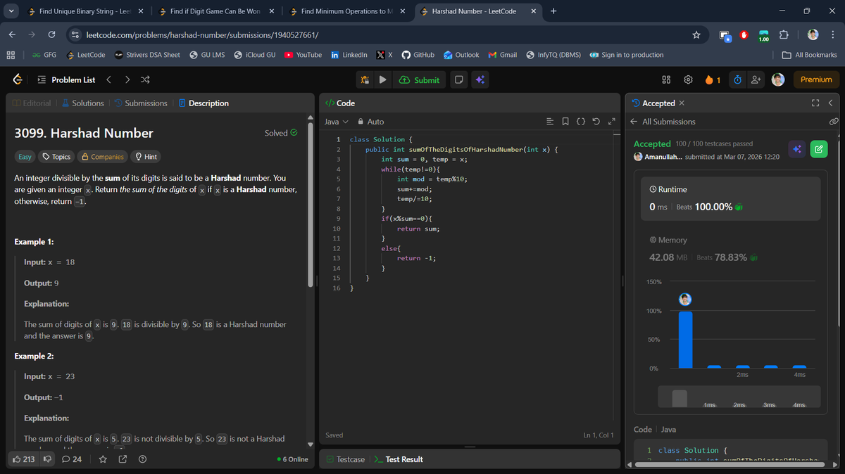 beingbashar06's tweet photo. #Day80 of #100DaysOfCodeChallenge

Solved a mix of binary string and math-based problems today.

• Find Unique Binary String
• Find if Digit Game Can Be Won
• Harshad Number
• Minimum Operations to Make All Elements Divisible by Three

Day 80 done ✅
#100DaysOfCode #LeetCode https://t.co/57QP9qi6sl