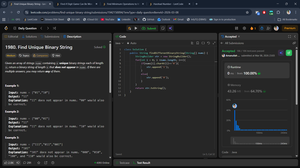 beingbashar06's tweet photo. #Day80 of #100DaysOfCodeChallenge

Solved a mix of binary string and math-based problems today.

• Find Unique Binary String
• Find if Digit Game Can Be Won
• Harshad Number
• Minimum Operations to Make All Elements Divisible by Three

Day 80 done ✅
#100DaysOfCode #LeetCode https://t.co/57QP9qi6sl