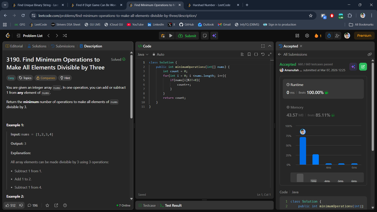 beingbashar06's tweet photo. #Day80 of #100DaysOfCodeChallenge

Solved a mix of binary string and math-based problems today.

• Find Unique Binary String
• Find if Digit Game Can Be Won
• Harshad Number
• Minimum Operations to Make All Elements Divisible by Three

Day 80 done ✅
#100DaysOfCode #LeetCode https://t.co/57QP9qi6sl