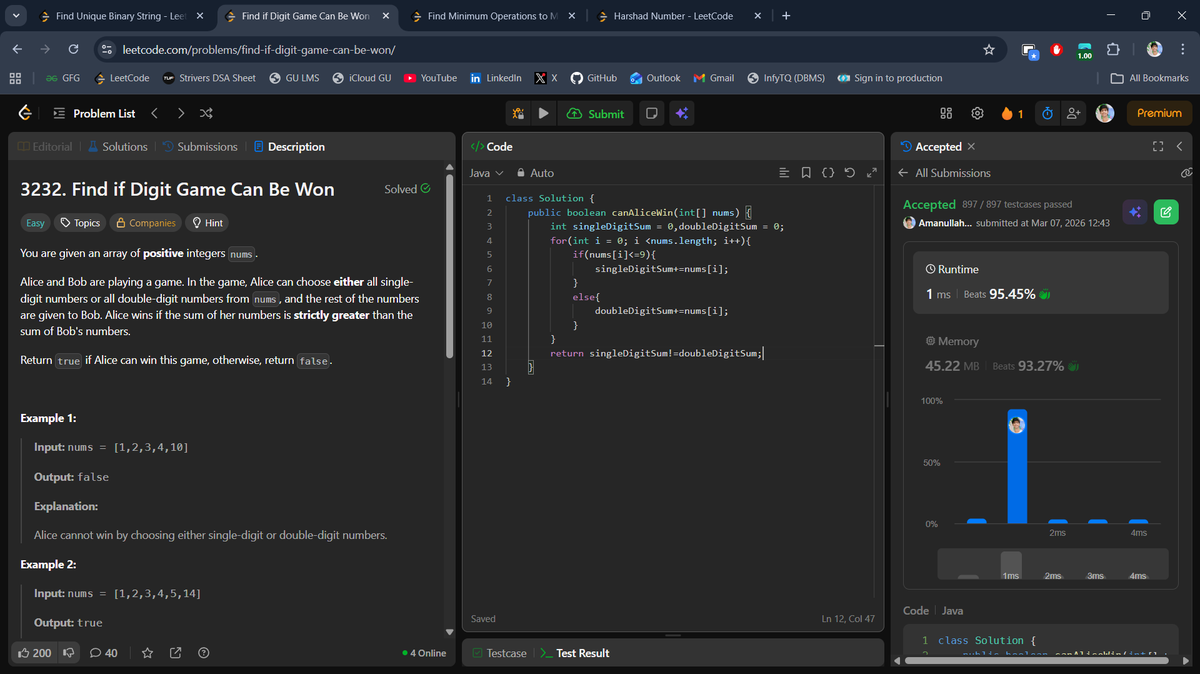 beingbashar06's tweet photo. #Day80 of #100DaysOfCodeChallenge

Solved a mix of binary string and math-based problems today.

• Find Unique Binary String
• Find if Digit Game Can Be Won
• Harshad Number
• Minimum Operations to Make All Elements Divisible by Three

Day 80 done ✅
#100DaysOfCode #LeetCode https://t.co/57QP9qi6sl