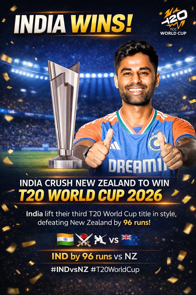 Snail_Stone7284's tweet photo. @BCCI 🇮🇳 CHAMPIONS AGAIN! India dominate New Zealand by 96 runs to lift the T20 World Cup 2026 in style! 🏆🔥#INDvsNZ #T20WorldCup #TeamIndia #Champions #Cricket #INDWins #WorldCupFinal https://t.co/ksEg1xaS2u