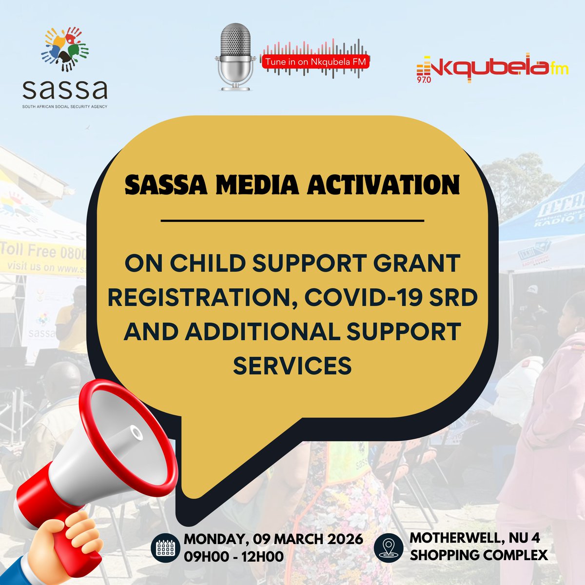eccrf's tweet photo. Make sure to stay tuned in on @NkqubelaFM �� as @OfficialSASSA will be having its Media Activation educating people about Child Support Grant Registration, Covid-19 SRD and additional support services.

This will take place at Motherwell, NU 04 Shopping Centre.
📅 09H00 - 12H00 https://t.co/dWgFMtGYUd