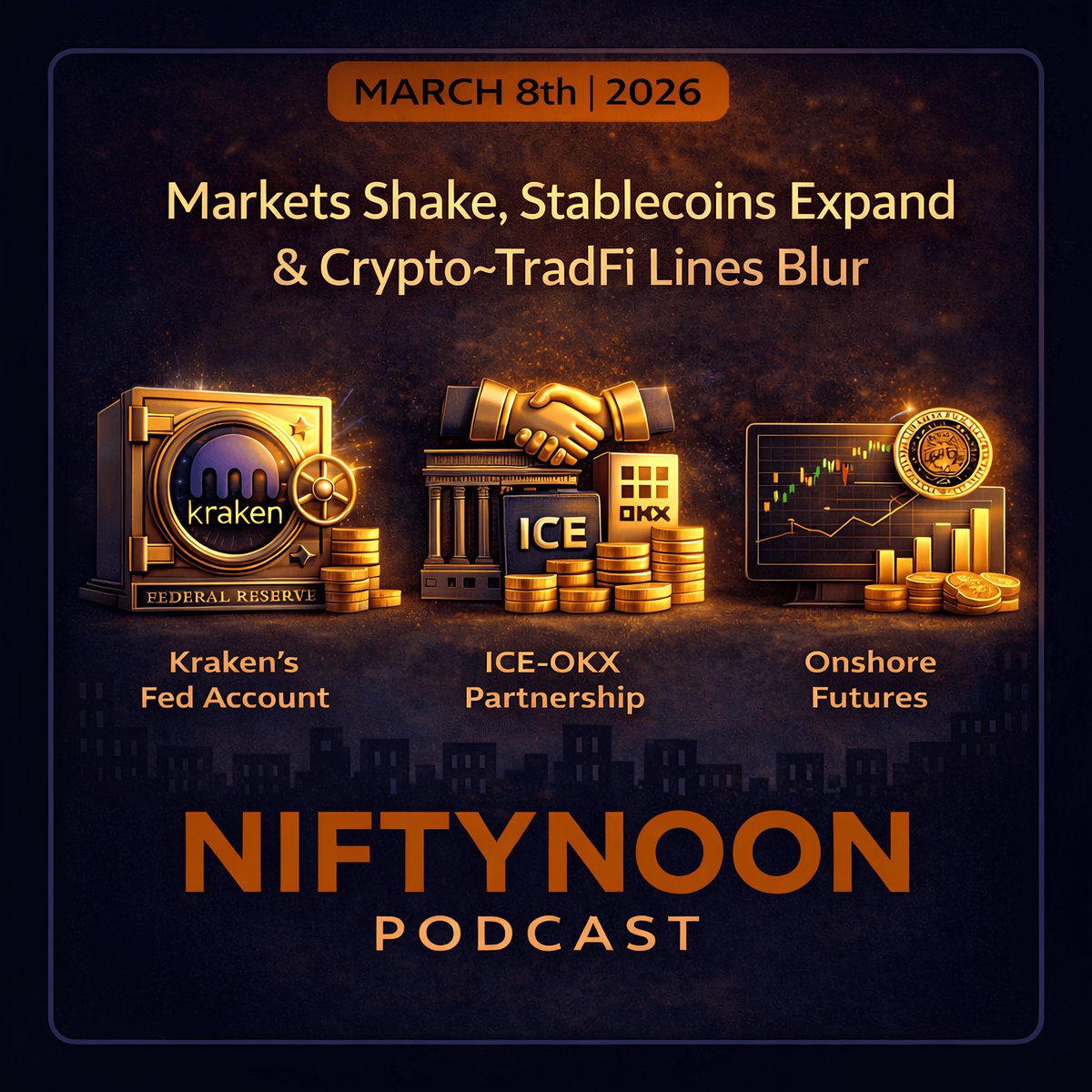 NiftyNoon Podcast | March 8th, 2026🎙️

- Liquidations return amid macro volatility
- Stablecoins expand across payment rails
- Exchanges push deeper into TradFi
- Institutional positioning continues
- Governance tensions resurface
- Structural shifts continue beneath the noise.