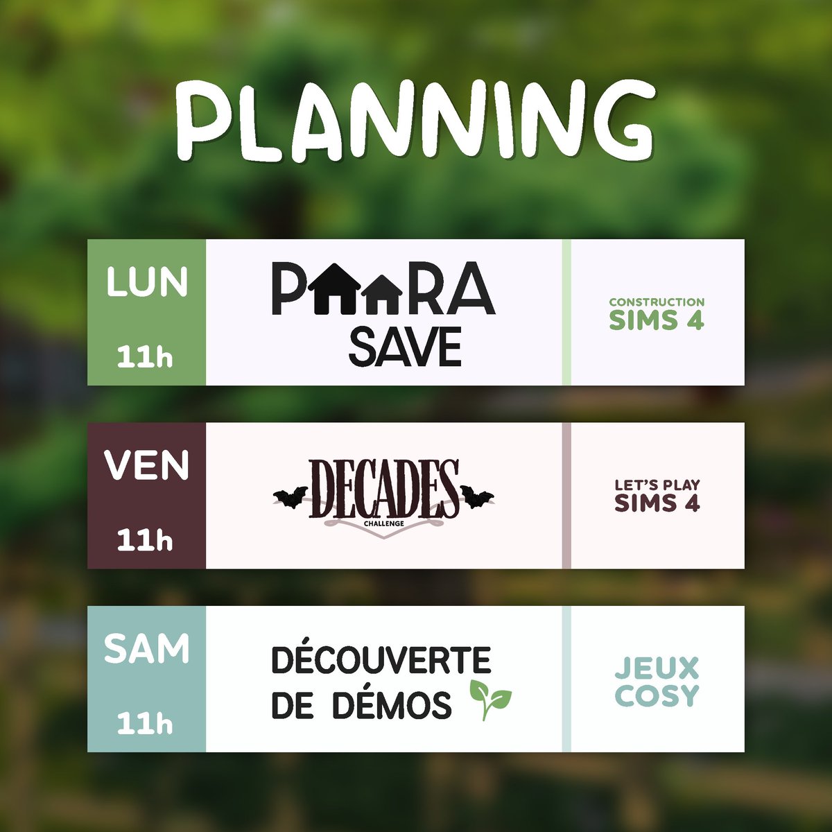 Semaine du 9 au 15 mars ☀️
Lundi 11h : Rénovation des mondes
Vendredi 11h : Decades Vampires
Samedi 11h : Découvertes de démos 
•••