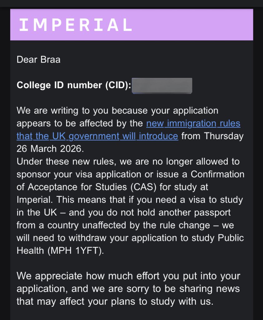 BaraaMalikx's tweet photo. I worked relentlessly to earn offers for from LSHTM, Imperial, Glasgow, and Liverpool. Yesterday one was withdrawn due to new visa restrictions on Sudanese students.Not because of merit, but nationality. Education is a right.Don’t close doors on students who fought to reach them. https://t.co/cfNV2hyB6C
