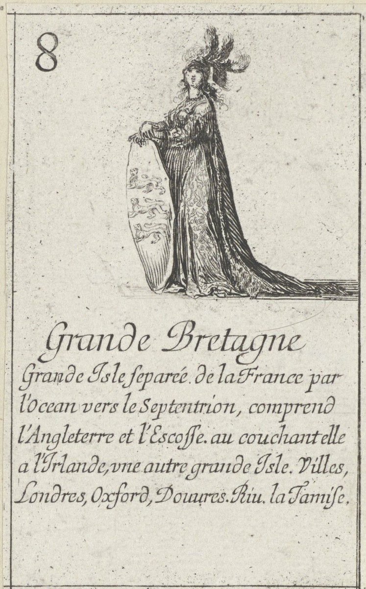 medievalistTK's tweet photo. This print is part of a 52-card deck depicting countries as female figures. The series was made on behalf of Cardinal Mazarin. The card game was created for the young Louis XIV. Here's 'Grande Bretagne' including "L'Irlande une autre grande Isle" (Rijksmuseum) https://t.co/le84VO4igD